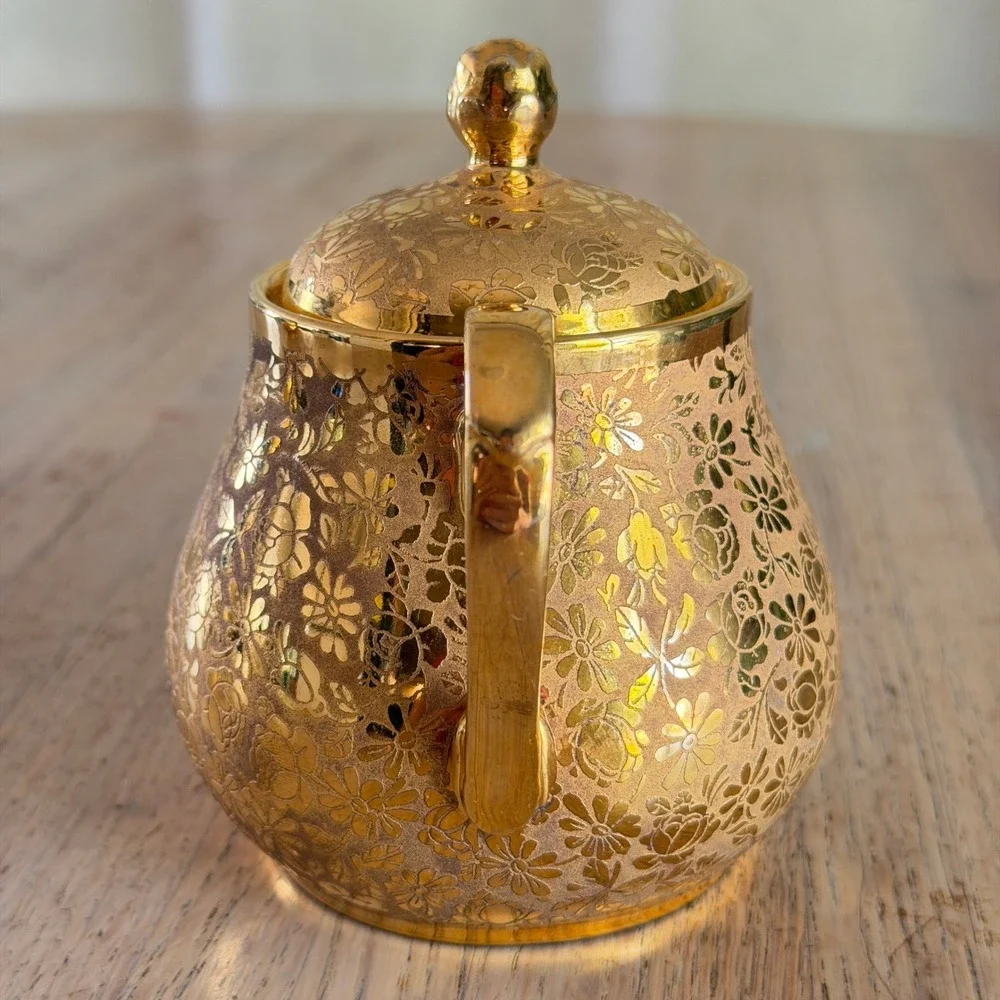 Vtg 50s Ransgil China 22K Gold Encrusted Floral Etched Creamer & Sugar Bowl Set